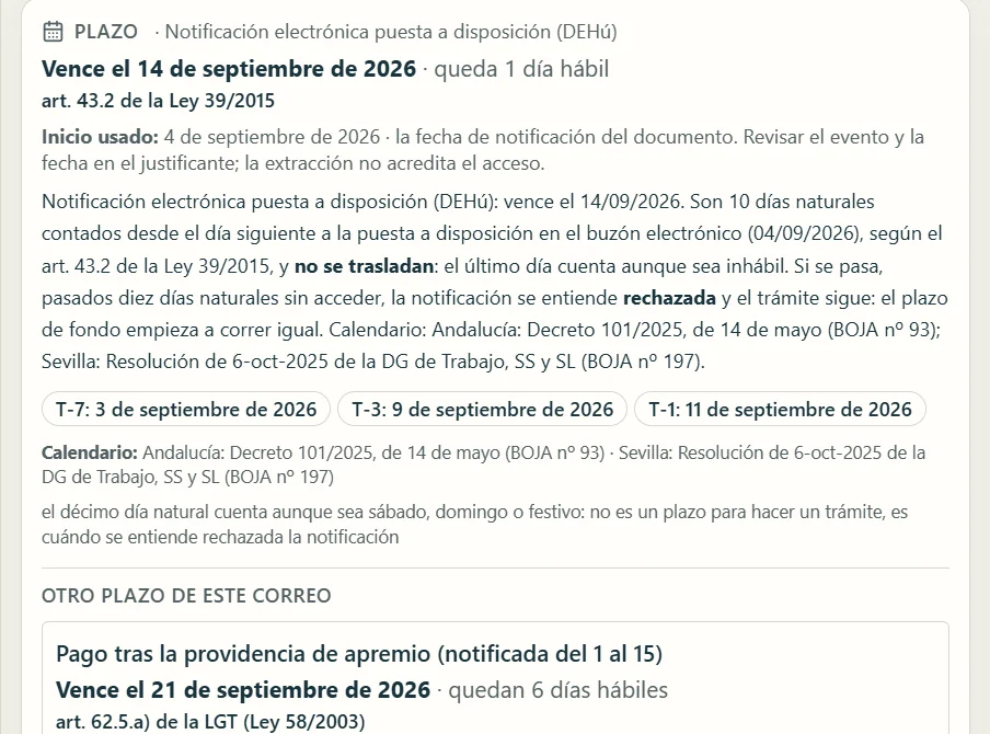 Panel de plazos de Asernia con fechas de vencimiento, artículos de referencia, fechas previas al vencimiento y calendario utilizado.